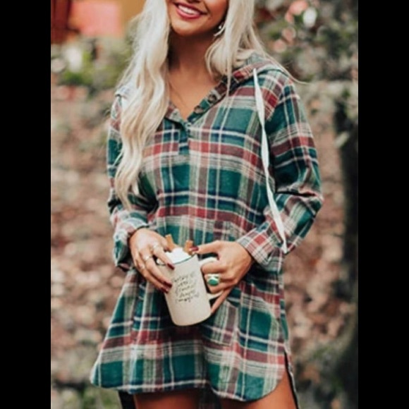Hooded Flannel Plaid Loose V-Neck Few Buttons 🦘Pocket Drawstring Pullover Shirt - Picture 4 of 14